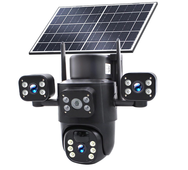 Triple-Lens Solar Security Cameras Wireless for Home Surveillance Outdoor Black