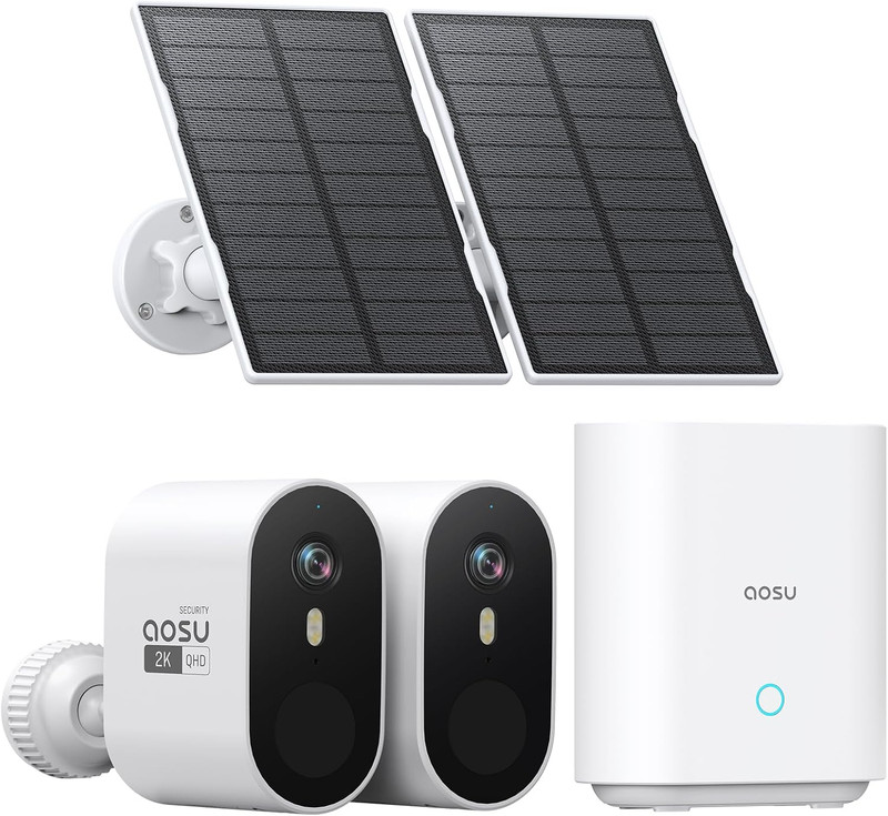 Aosu Solar Security Cameras Wireless Outdoor, 2-Cam Kit, 2K QHD Home Security Sy