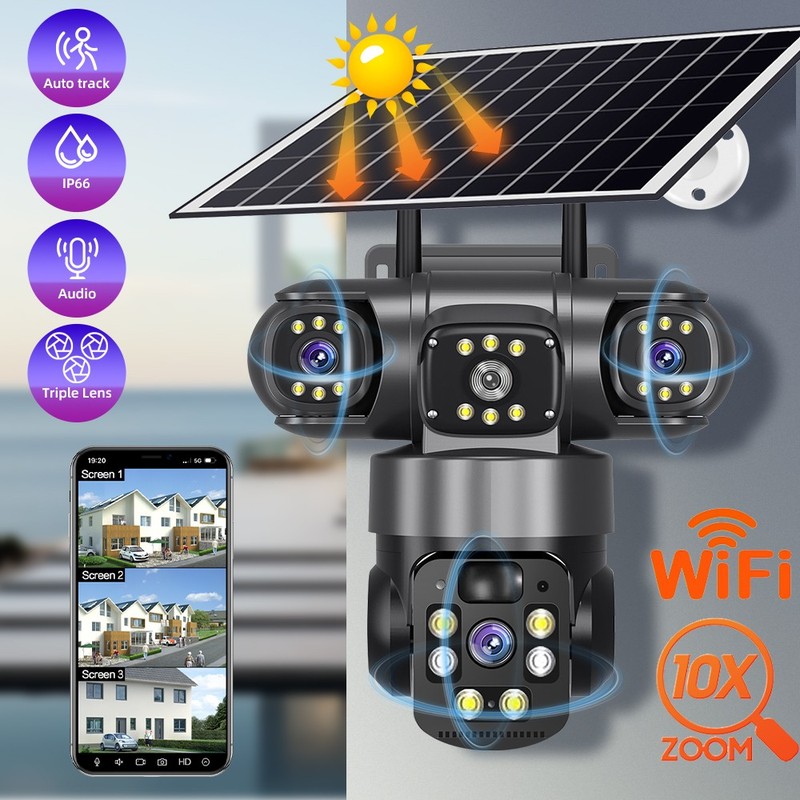 Wireless 3 Lens 12MP Solar Battery Home Security Camera Outdoor Wifi PTZ CCTV US gallery