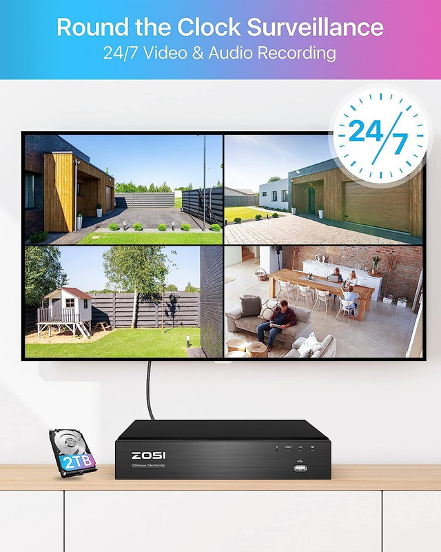 ZOSI H.265+5MP PoE Home Security Camera System Human Detection 24/7 Recording 2T gallery
