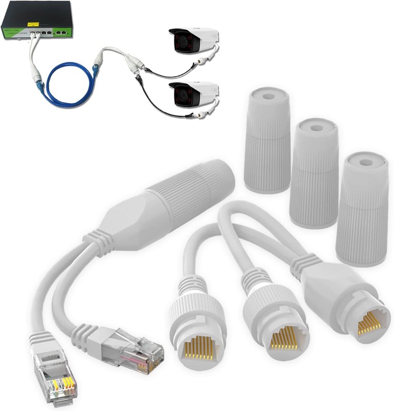 Ethernet Splitter, Waterproof PoE Combiner Splitter Adapter, Run 2 IP White