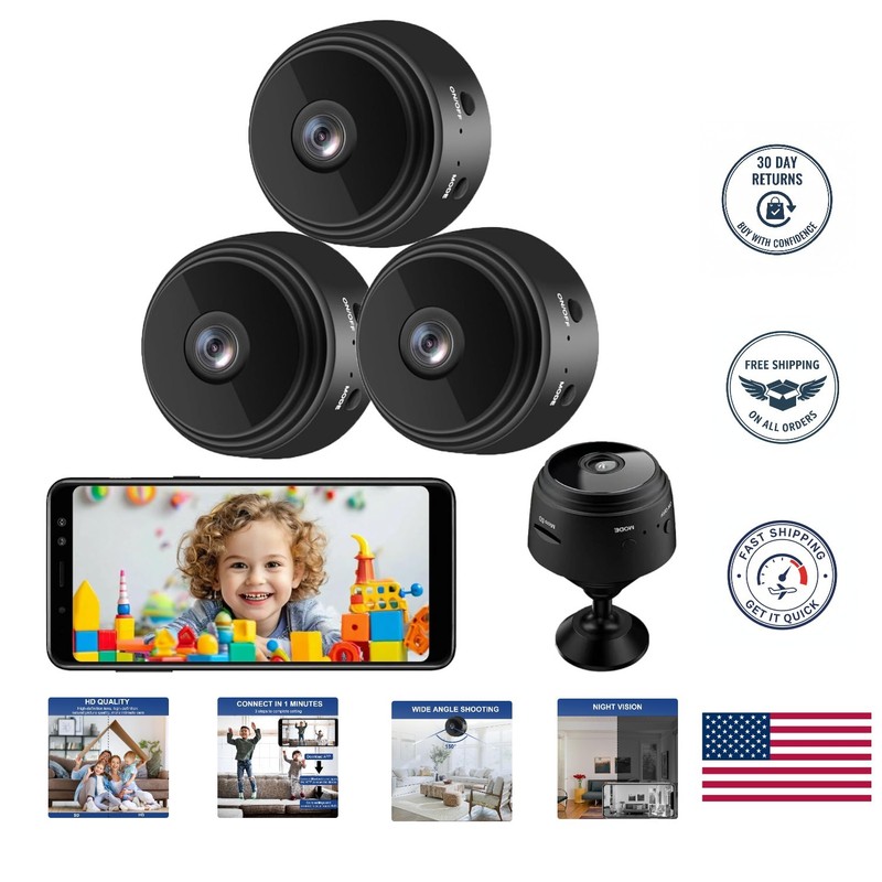 3 Pack Mini Security Cameras – 1080P HD with 150° Wide-Angle for Home Monitoring