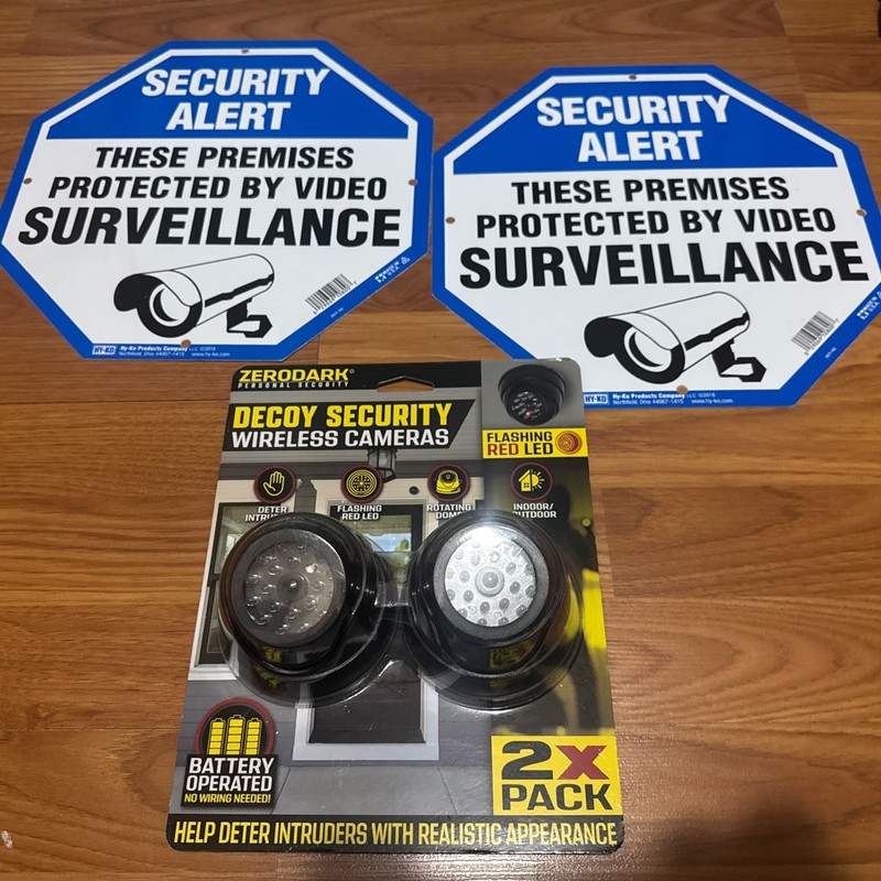 Decoy security Cameras and Two large Secuirty Alert signs gallery