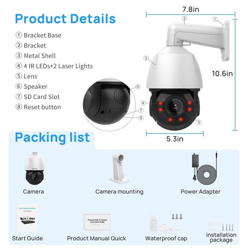 VIKYLIN PTZ 18×ZOOM 360°VIEW IR50M 5MP IP CAMERA POE MIC&Speaker Auto Tracking gallery
