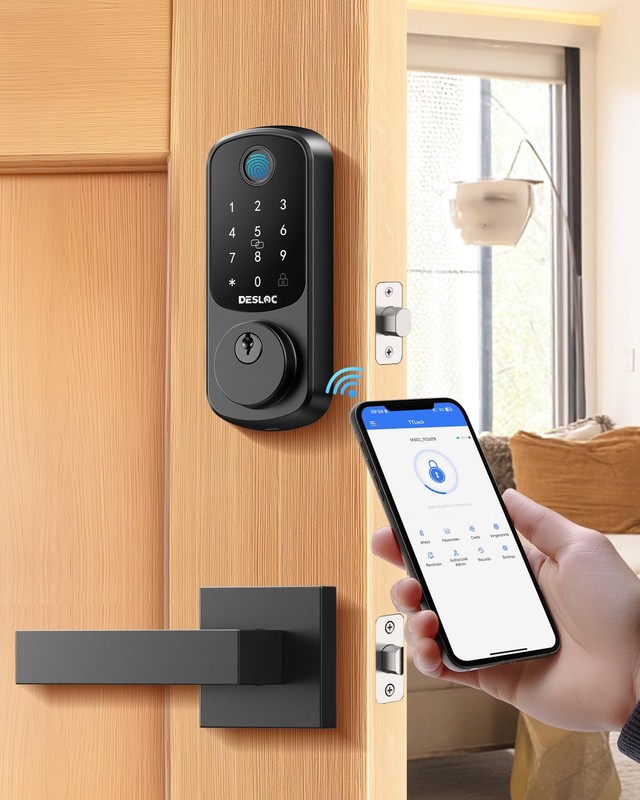 DESLOC B200 Fingerprint Smart Lock with 2 Lever Handles, Keyless Entry Black