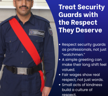 A security guard fully armed and equipped, standing with the text about the security blog.